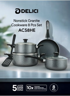 DELICI 8-Piece Superior Aluminium Cookware Set - Non-Stick Granite Gray Interior, Glass Lids, Heat-Resistant Handles, Eco-Friendly, Dishwasher Safe, PFOA Free (ACS8HE)  - Image 1