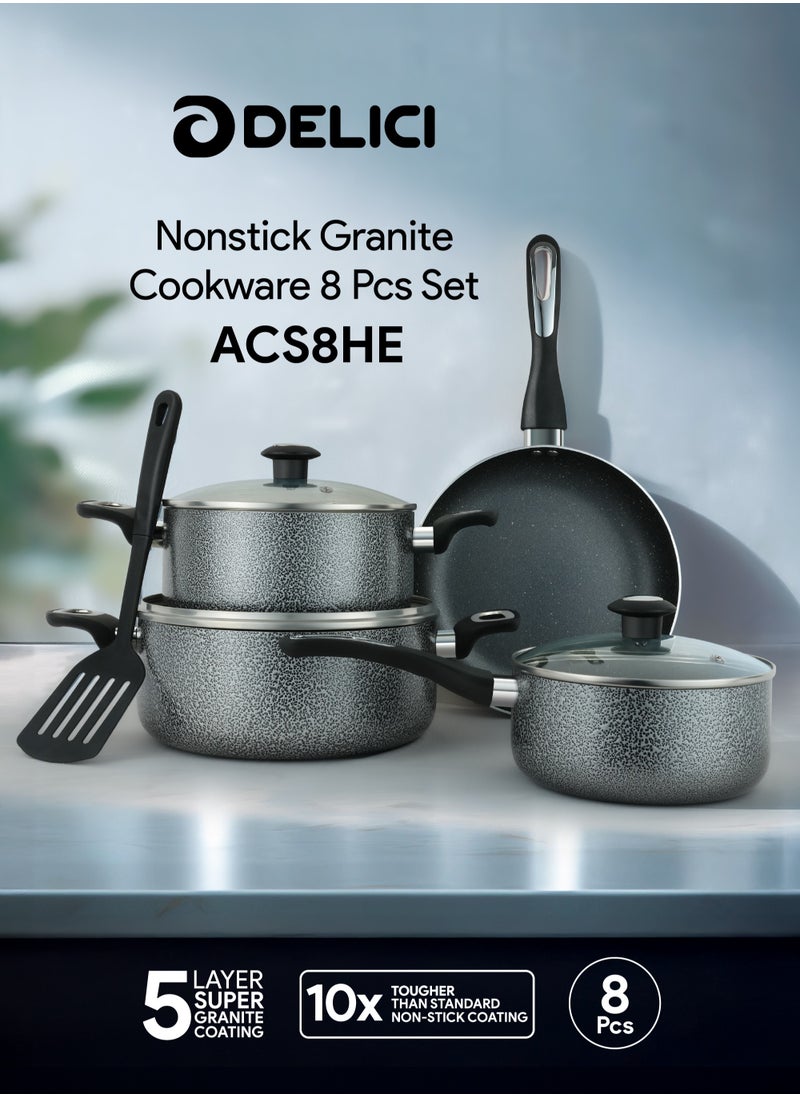DELICI 8-Piece Superior Aluminium Cookware Set - Non-Stick Granite Gray Interior, Glass Lids, Heat-Resistant Handles, Eco-Friendly, Dishwasher Safe, PFOA Free (ACS8HE)  - Image 1
