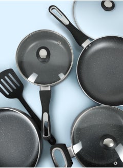 DELICI 8-Piece Superior Aluminium Cookware Set - Non-Stick Granite Gray Interior, Glass Lids, Heat-Resistant Handles, Eco-Friendly, Dishwasher Safe, PFOA Free (ACS8HE)  - Image 4
