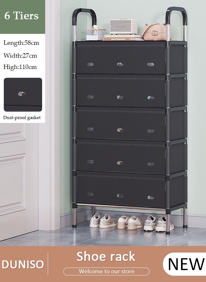 DUNISO 6-Tier Shoe Rack with Black Layer Covers 180°Flip Panel Dust-proof Space-Saving Shoe Organizer for Closet,Entryway,Bedroom,Durable Storage Shelf for Various Shoes with Countertop for Keys,Umbrella,Bags - Image 1
