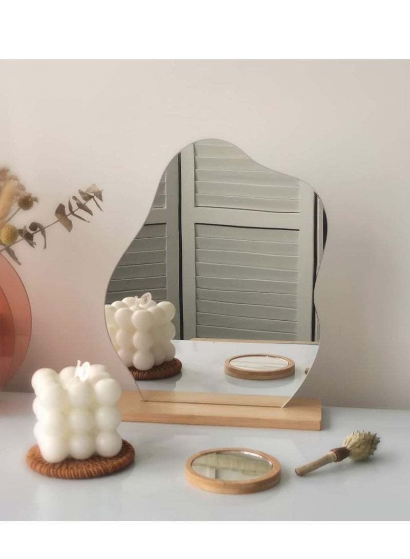 XiuWoo Irregular Aesthetic Vanity Mirror Frameless, Decorative Desk Tabletop Acrylic Mirrors with Wooden Stand for Living Room, Bedroom, and Minimal Spaces Home Decor - Image 2