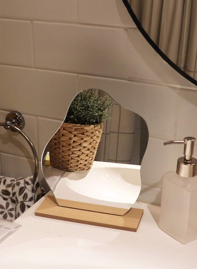 XiuWoo Irregular Aesthetic Vanity Mirror Frameless, Decorative Desk Tabletop Acrylic Mirrors with Wooden Stand for Living Room, Bedroom, and Minimal Spaces Home Decor - Image 1