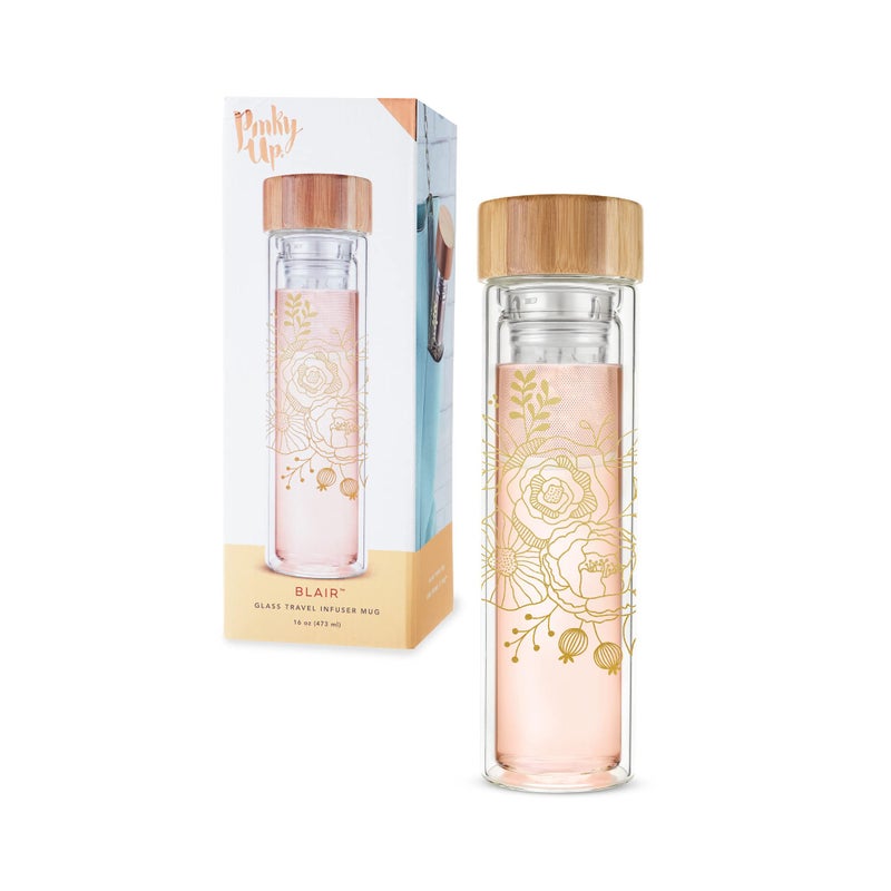 Pinky Up Blair Travel Infuser Mug DoubleWalled Glass Stainless Steel Strainer 16 Oz Bouquet