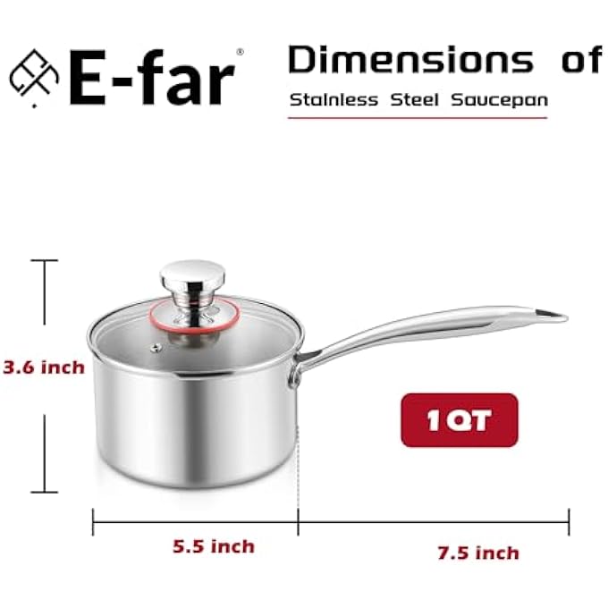 إي-فار قدر صلصة ثلاثي الطبقات من الفولاذ المقاوم للصدأ سعة 1 كوارت مع غطاء زجاجي وعاء طهي صغير يعمل بالحث متوافق مع جميع مواقد الطهي فرن غير سام آمن للاستخدام في غسالة الأطباق - Image 3