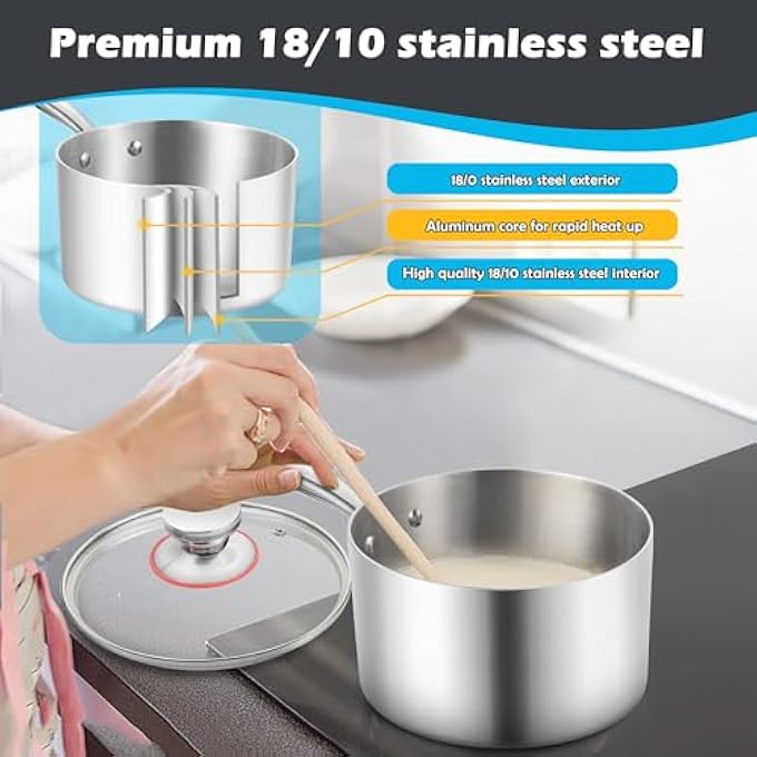 إي-فار قدر صلصة ثلاثي الطبقات من الفولاذ المقاوم للصدأ سعة 1 كوارت مع غطاء زجاجي وعاء طهي صغير يعمل بالحث متوافق مع جميع مواقد الطهي فرن غير سام آمن للاستخدام في غسالة الأطباق - Image 5