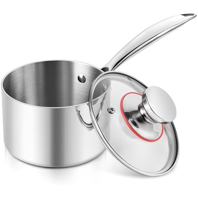 إي-فار قدر صلصة ثلاثي الطبقات من الفولاذ المقاوم للصدأ سعة 1 كوارت مع غطاء زجاجي وعاء طهي صغير يعمل بالحث متوافق مع جميع مواقد الطهي فرن غير سام آمن للاستخدام في غسالة الأطباق - Image 1