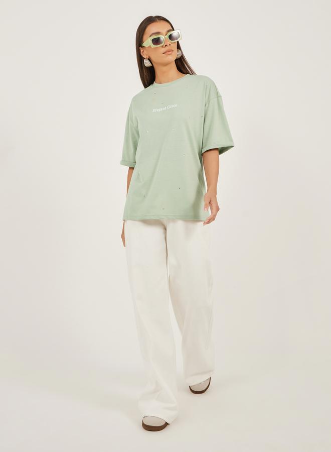 Styli Embellished Slogan Print Oversized T-Shirt - Image 2