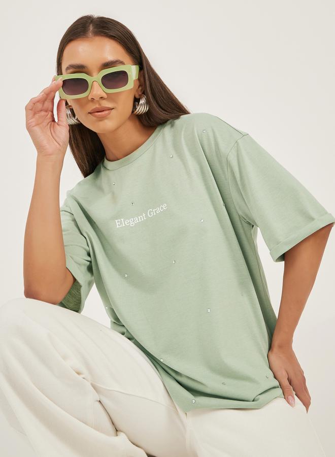 Styli Embellished Slogan Print Oversized T-Shirt - Image 3