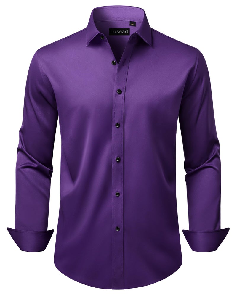 Lusead Purple Dress Shirt Men Easter Long Sleeve Stretch Wrinkle Free Prom Slim Fit Satin Tuxedo Party Button Down Shirts - Image 1