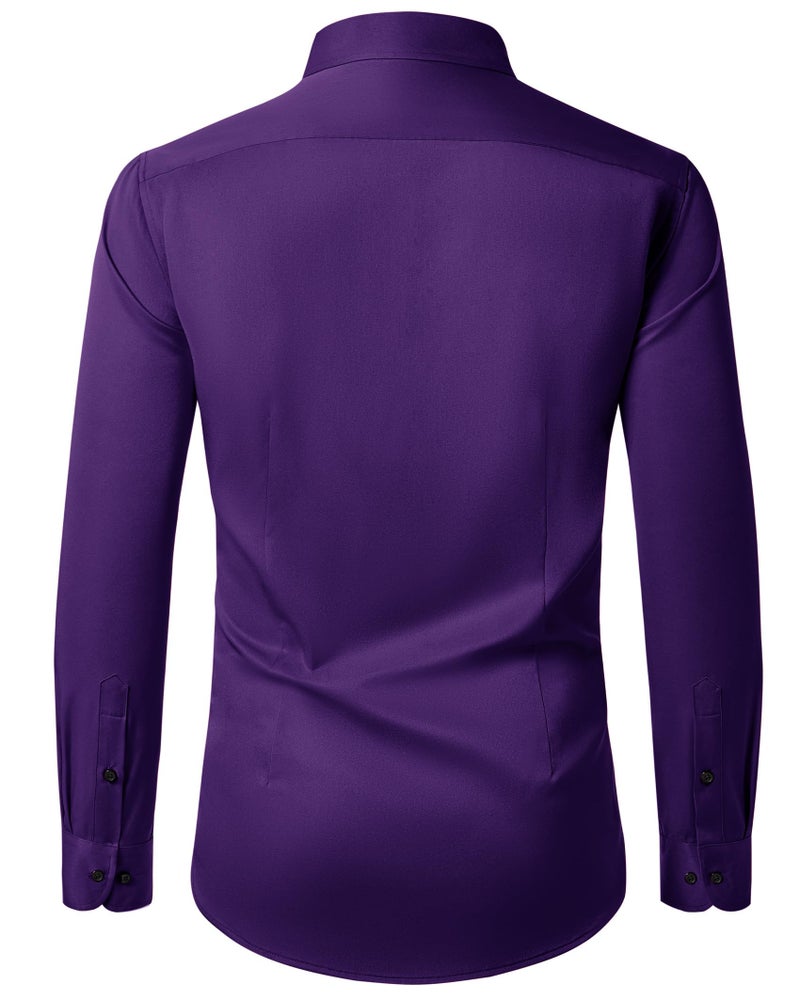 Lusead Purple Dress Shirt Men Easter Long Sleeve Stretch Wrinkle Free Prom Slim Fit Satin Tuxedo Party Button Down Shirts - Image 2