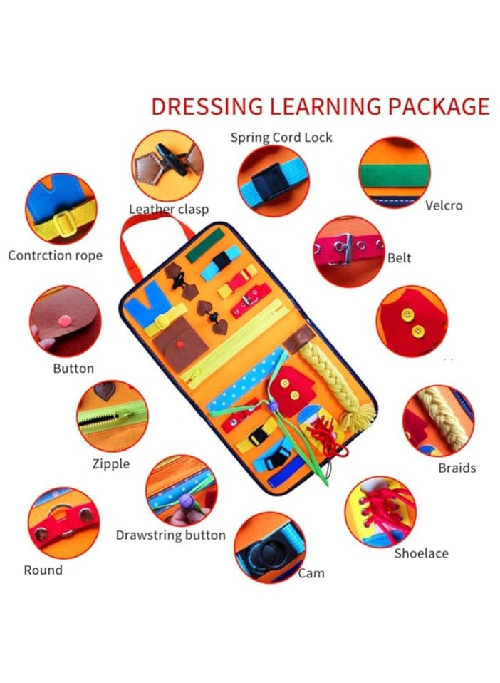 Busy Board Sensory Travel Toy for Toddlers, Montessori Learning to Dress Activity Toy, for Preschool Age with Buckle, Shoe Lace, Clock and Alphabet, Busy Book Bag Toy for Kids  - Image 1