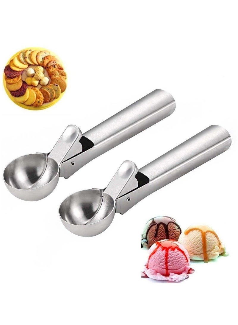 Solid Stainless Steel Ice Cream Scoop, 2 Packs of steel Spoon with Easy Trigger, Dipper for Fruits, Water Melon Scoop - Image 1