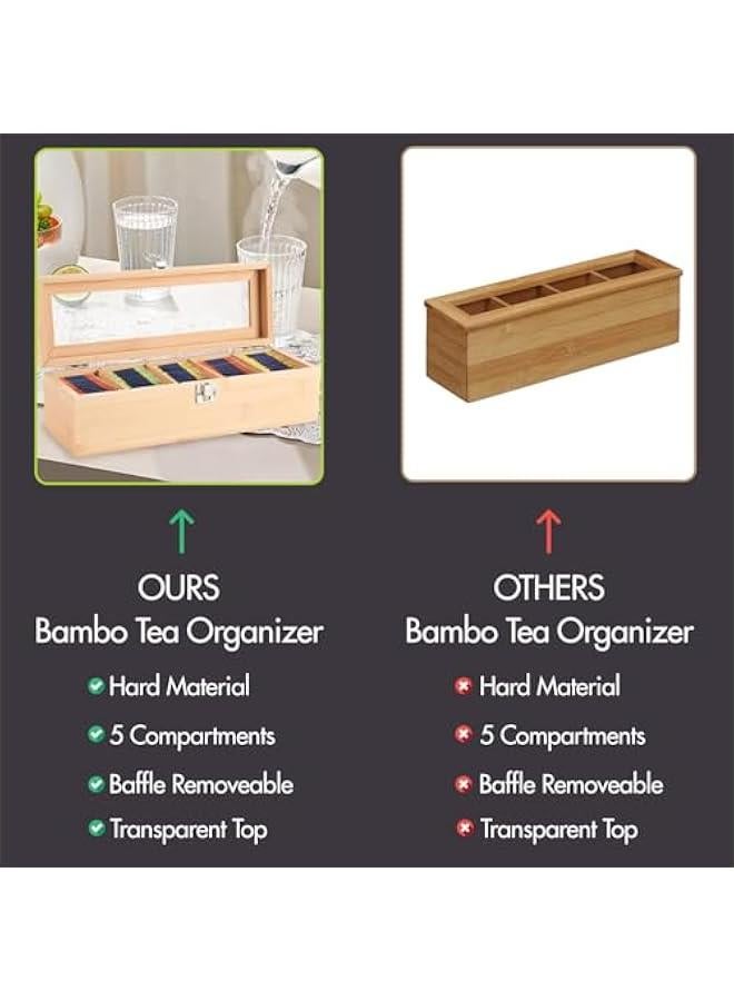 Beauenty Tea Bag Organizer - Tea Storage Chest Case Wooden Tea Bag - Storage Box with Transparent Hinged Lid for Any Home Restaurant, Office - Wooden Color - Image 3