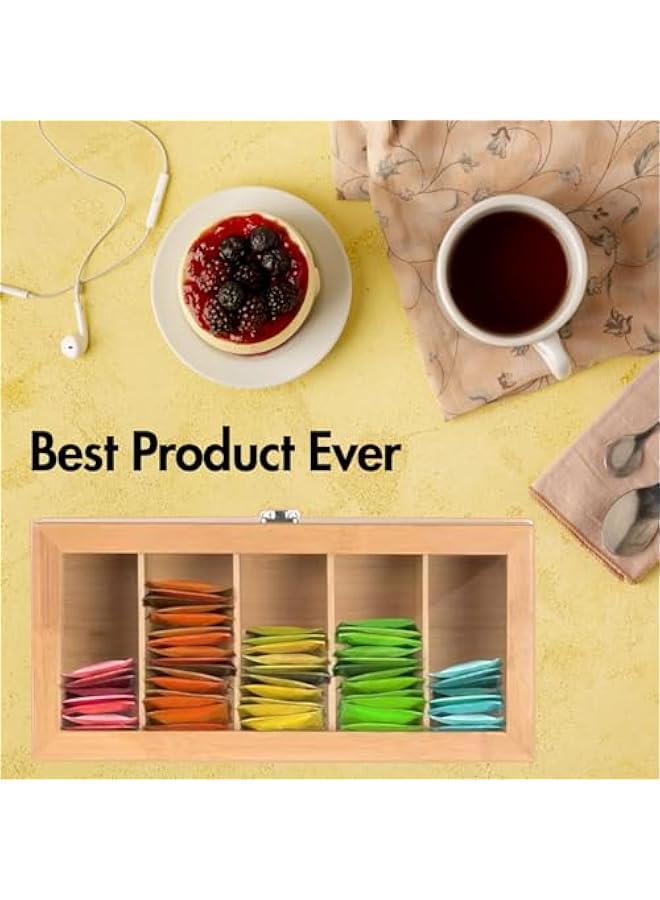 Beauenty Tea Bag Organizer - Tea Storage Chest Case Wooden Tea Bag - Storage Box with Transparent Hinged Lid for Any Home Restaurant, Office - Wooden Color - Image 4