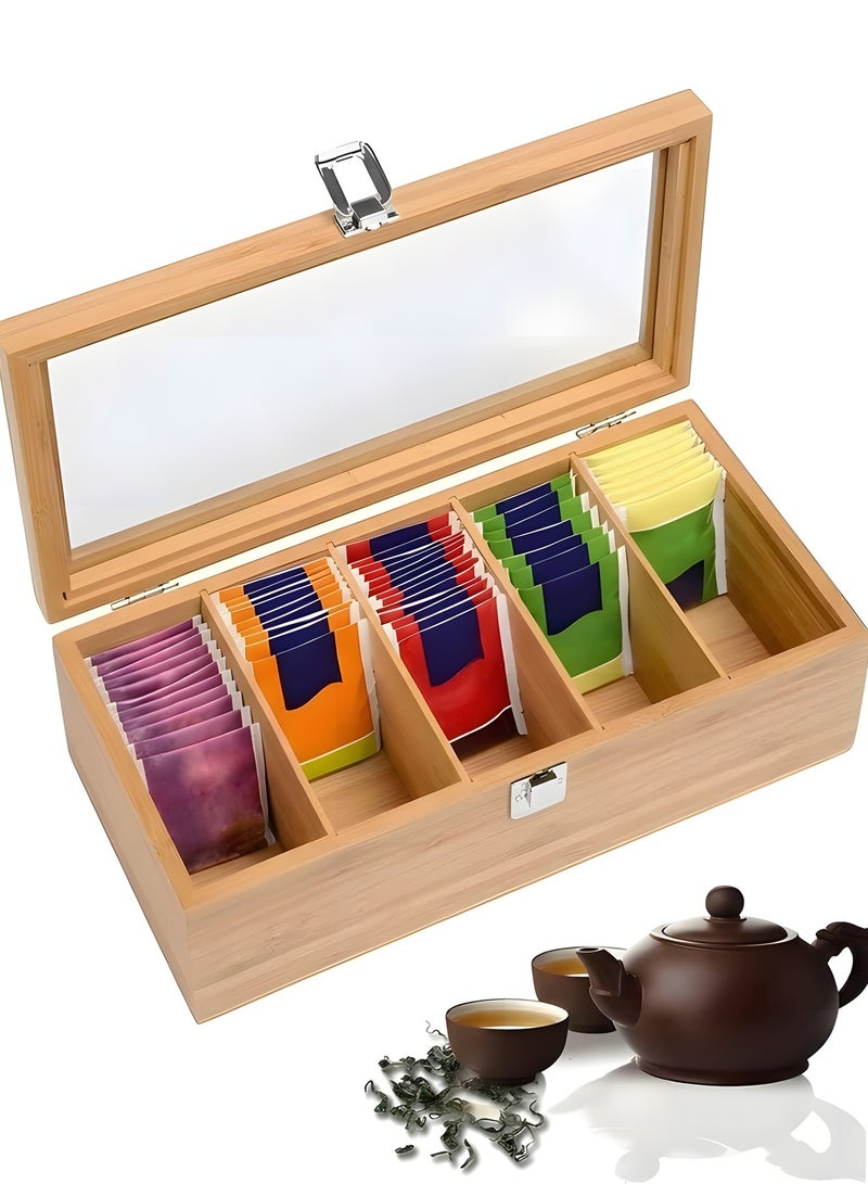 بيوينتي منظم اكياس الشاي - صندوق تخزين شاي خشبي - صندوق تخزين مع غطاء مفصلي شفاف لاي مطعم منزلي او مكتب - لون خشبي - Image 1