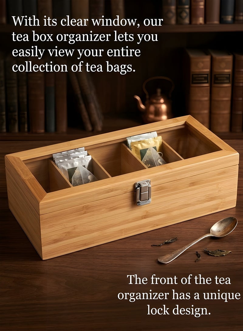 بيوينتي منظم اكياس الشاي - صندوق تخزين شاي خشبي - صندوق تخزين مع غطاء مفصلي شفاف لاي مطعم منزلي او مكتب - لون خشبي - Image 4