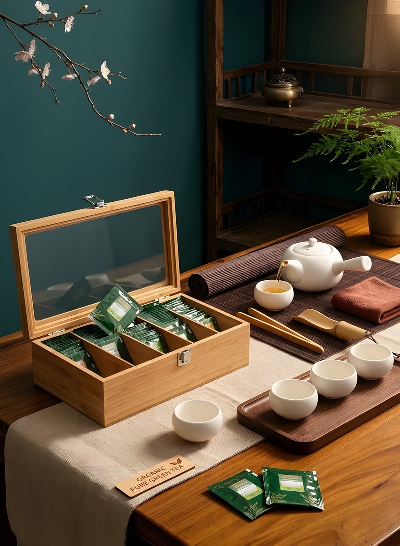 بيوينتي منظم اكياس الشاي - صندوق تخزين شاي خشبي - صندوق تخزين مع غطاء مفصلي شفاف لاي مطعم منزلي او مكتب - لون خشبي - Image 5