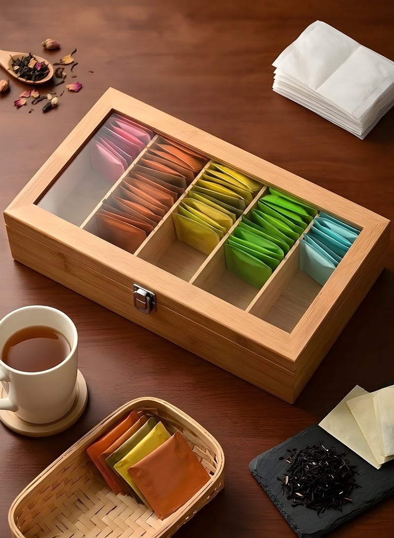 بيوينتي منظم اكياس الشاي - صندوق تخزين شاي خشبي - صندوق تخزين مع غطاء مفصلي شفاف لاي مطعم منزلي او مكتب - لون خشبي - Image 3