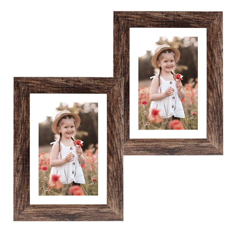 Capcillin 5x7 Picture Frame Wood Patten Rustic Brown Set of 2 Each Frame with MatDisplay 5x7 Picture Without mat or 4x6 Photos with Mat Wall Decor Table TopCP002MD5x7BR