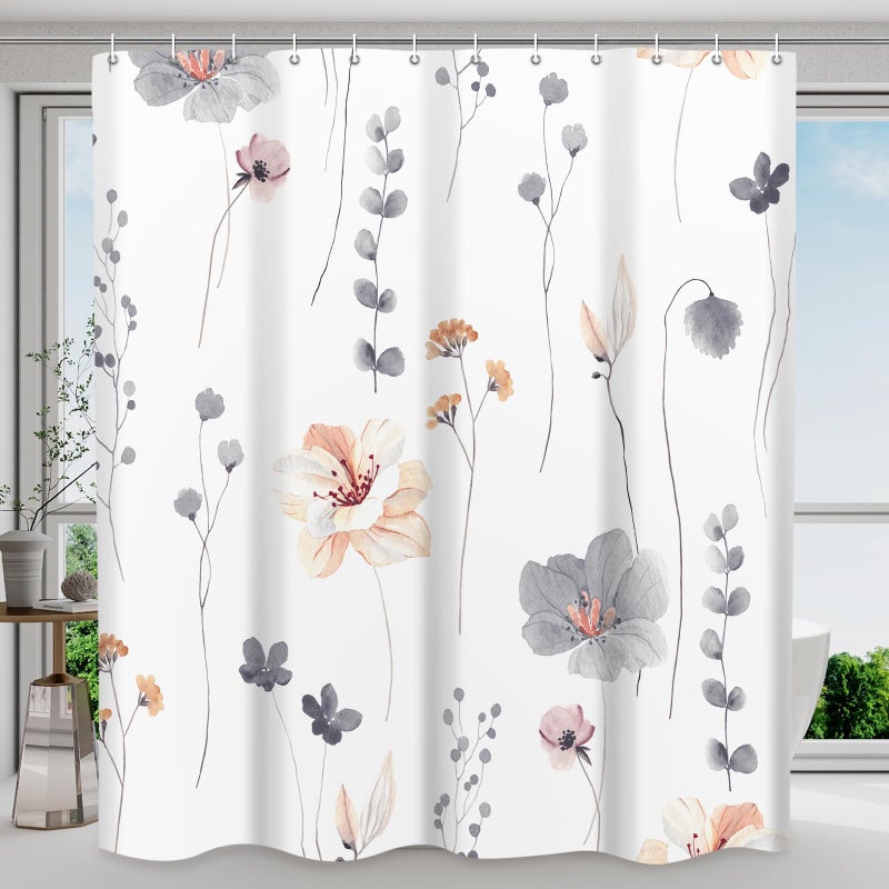 WITHLOC Waterproof Shower Curtain Set with Hooks - Watercolor Grey Floral Plant Shower Curtains for Bathroom, 72 x 72 - Image 1