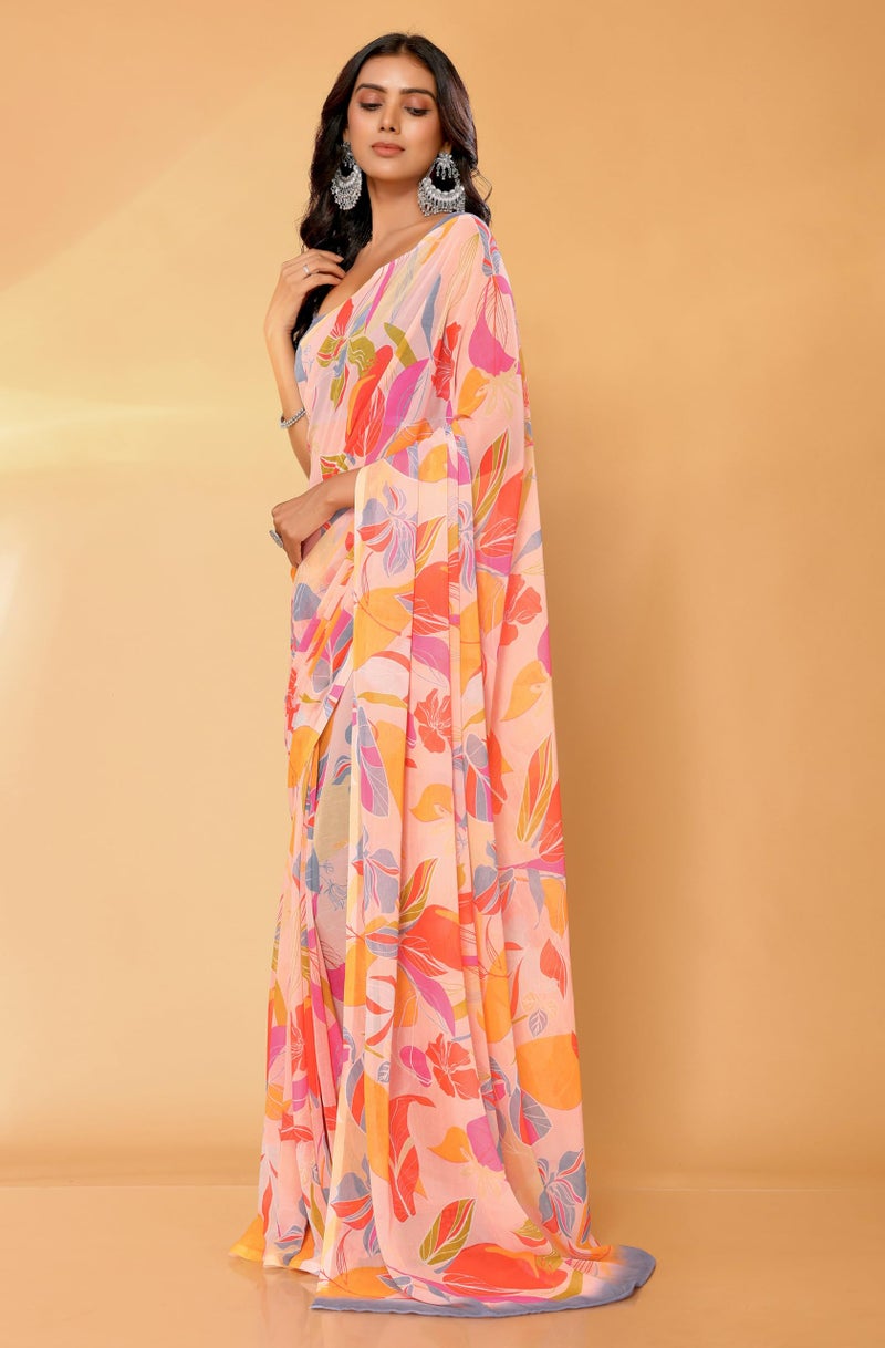 Janasya Women's Peach Georgette Tropical Printed Printed Saree with Blouse Piece - Image 2