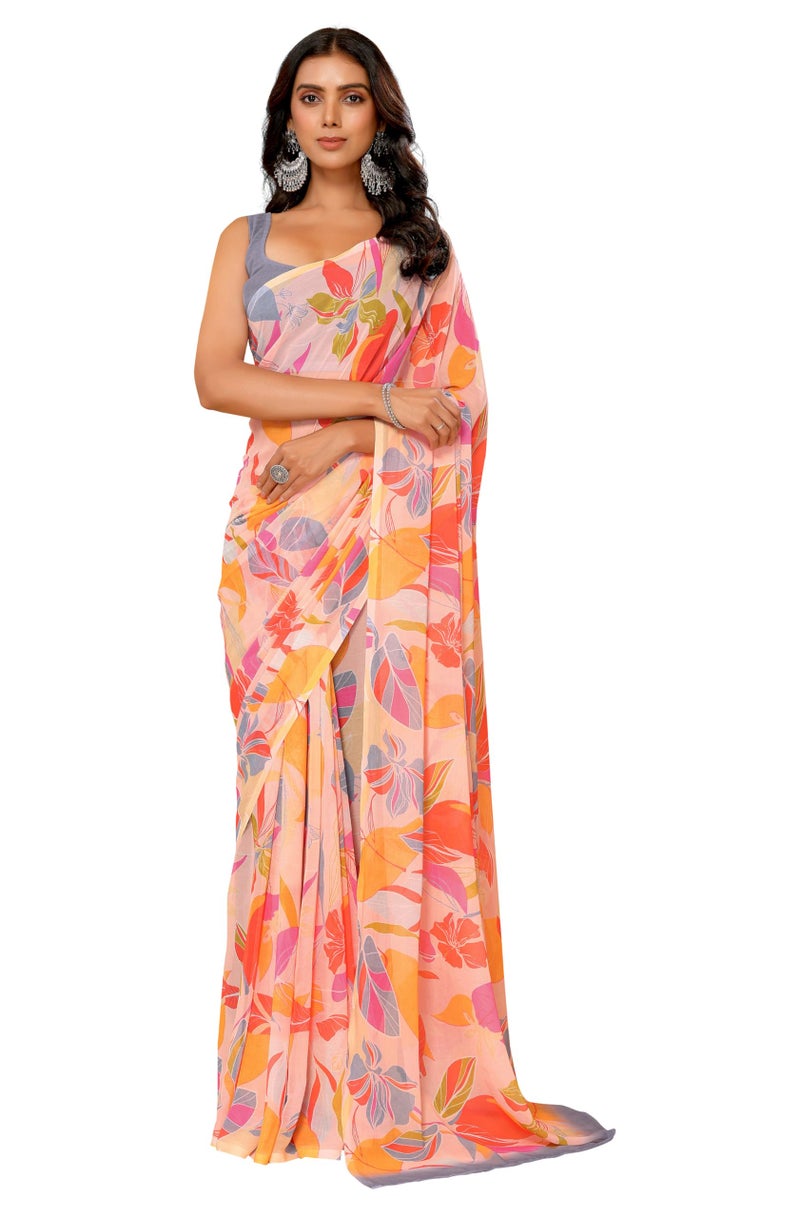 Janasya Women's Peach Georgette Tropical Printed Printed Saree with Blouse Piece - Image 1