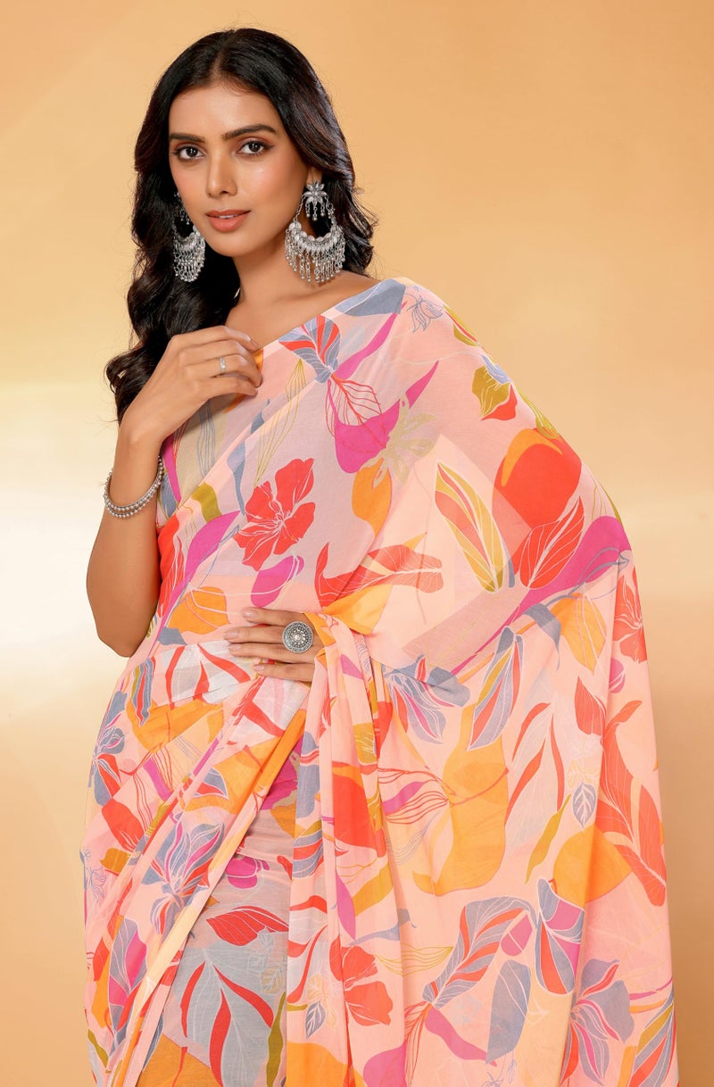 Janasya Women's Peach Georgette Tropical Printed Printed Saree with Blouse Piece - Image 5