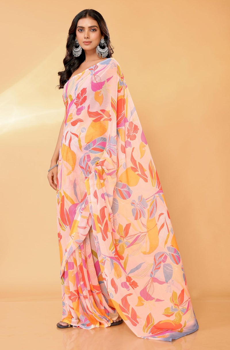 Janasya Women's Peach Georgette Tropical Printed Printed Saree with Blouse Piece - Image 3