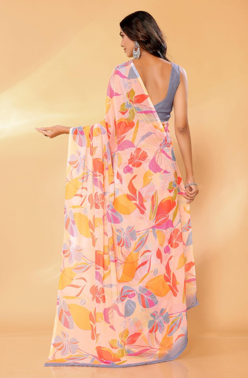 Janasya Women's Peach Georgette Tropical Printed Printed Saree with Blouse Piece - Image 4