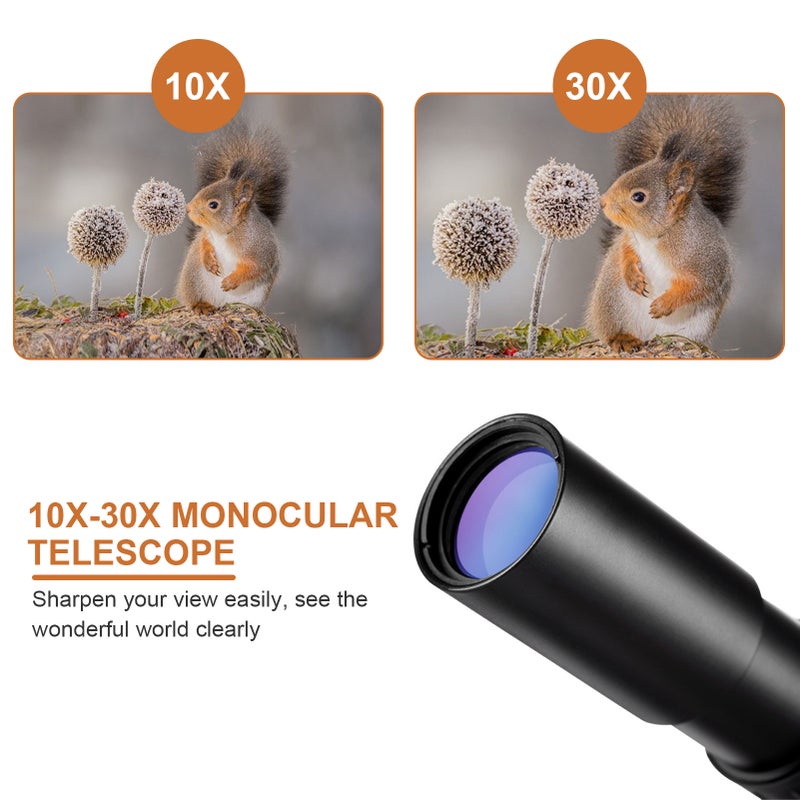 10X-30X Zoom Monocular Telescope: BAK4 Prism FMC Green Film Lens - Ultra-Compact Lightweight Portable Design Adjustable Focus for Hiking Bird Watching Wildlife Viewing - Image 2