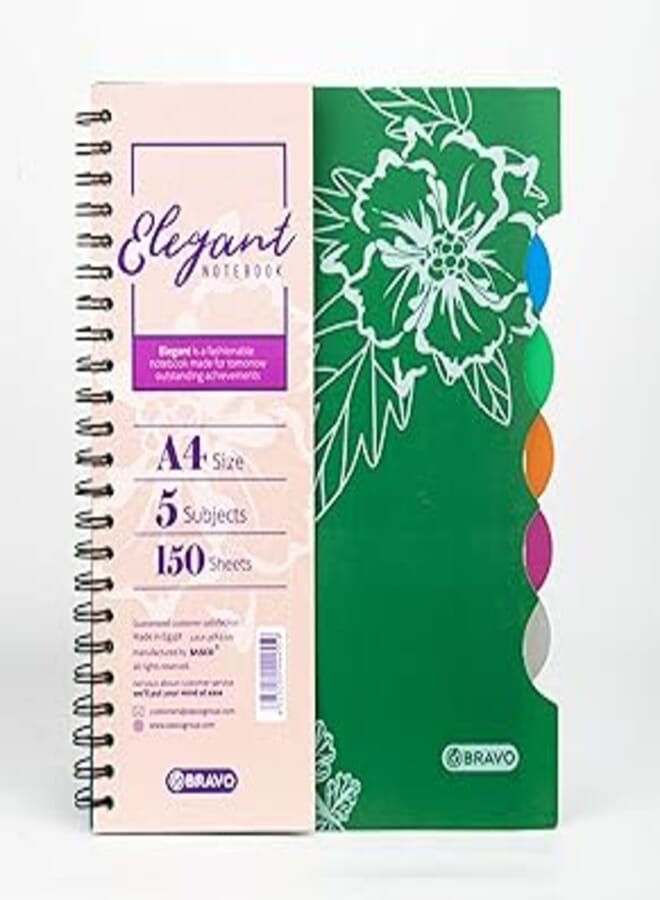 دفتر جامعي ساسكو اليجانت سلكي 150 ورقة متعدد الألوان - متعدد الأشكال 5 فواصل غلاف بلاستيكي A4