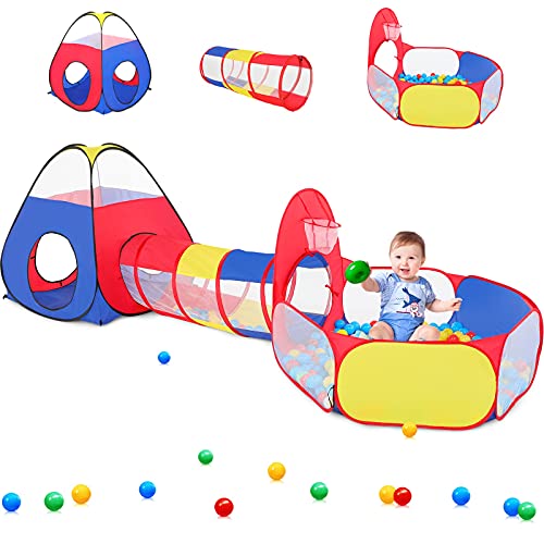 PigPigPen 3 in 1 Kids Play Tent with Play Tunnel Ball Pit Basketball Hoop for Boys  Girls Toddler Pop Up Playhouse Toy for Baby IndoorOutdoor Gift for Year Old Child Colorful 3pc Play Tent - Image 1