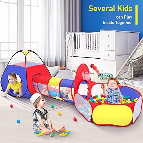 PigPigPen 3 in 1 Kids Play Tent with Play Tunnel Ball Pit Basketball Hoop for Boys  Girls Toddler Pop Up Playhouse Toy for Baby IndoorOutdoor Gift for Year Old Child Colorful 3pc Play Tent - Image 5