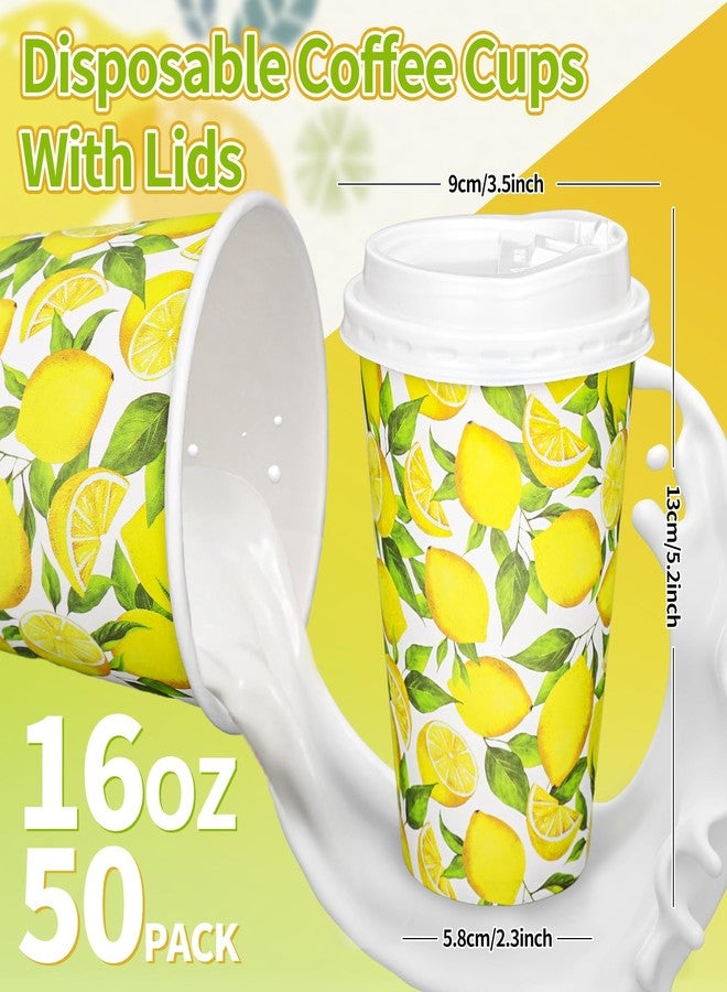 Whaline 50 Pcs Summer Lemon Coffee Paper Cups Watercolor Yellow Lemon Fruit 16oz Disposable Cups with Lids for Hot Cold Drinks Birthday Holiday Party Supplies - Image 2