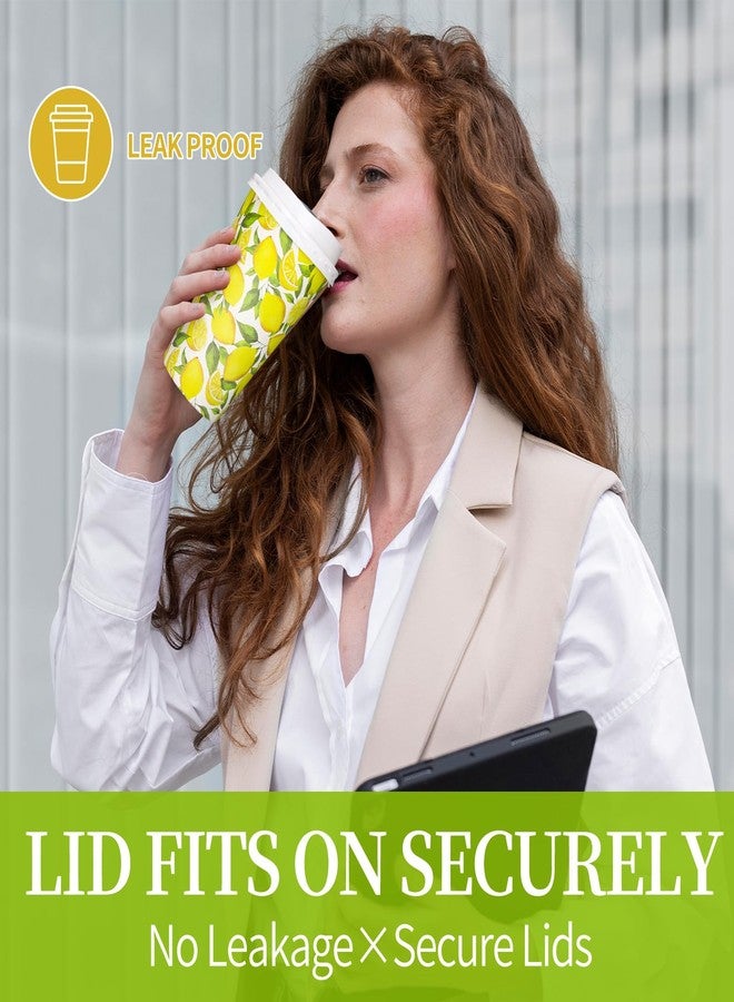 Whaline 50 Pcs Summer Lemon Coffee Paper Cups Watercolor Yellow Lemon Fruit 16oz Disposable Cups with Lids for Hot Cold Drinks Birthday Holiday Party Supplies - Image 4