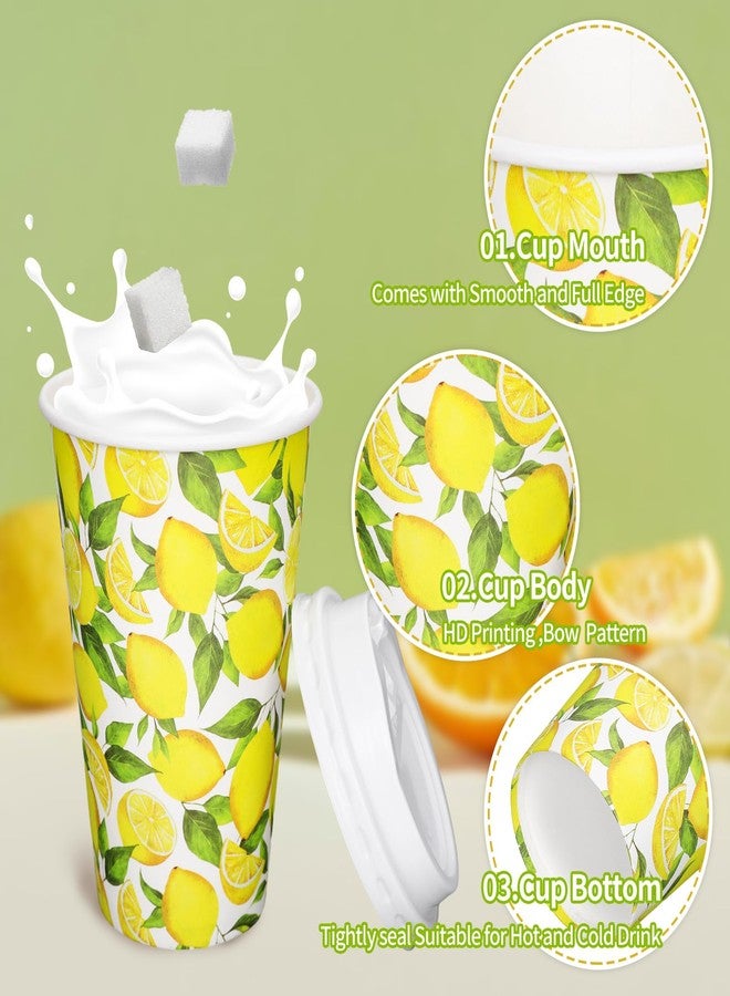 Whaline 50 Pcs Summer Lemon Coffee Paper Cups Watercolor Yellow Lemon Fruit 16oz Disposable Cups with Lids for Hot Cold Drinks Birthday Holiday Party Supplies - Image 3
