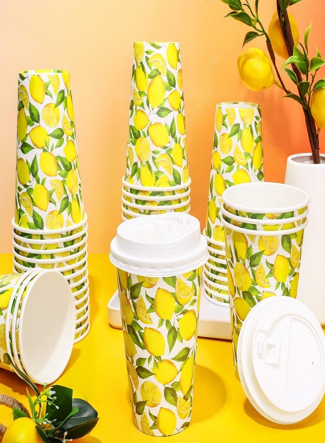 Whaline 50 Pcs Summer Lemon Coffee Paper Cups Watercolor Yellow Lemon Fruit 16oz Disposable Cups with Lids for Hot Cold Drinks Birthday Holiday Party Supplies - Image 5