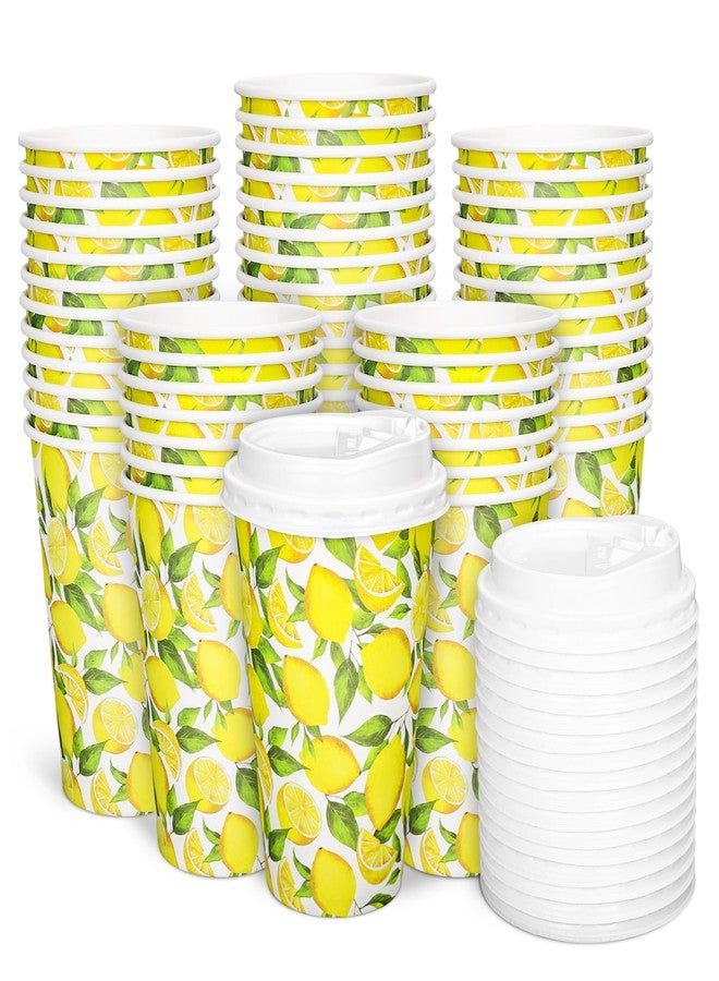 Whaline 50 Pcs Summer Lemon Coffee Paper Cups Watercolor Yellow Lemon Fruit 16oz Disposable Cups with Lids for Hot Cold Drinks Birthday Holiday Party Supplies - Image 1
