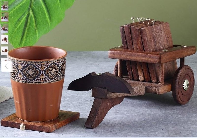 INUS BULLCART Design Coasters Set of 6 for Tea Cups Coffee Mugs and Water Glasses, Diwali Gift (Authentic Handmade) - Sheesham Wood - Image 4