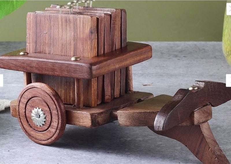 INUS BULLCART Design Coasters Set of 6 for Tea Cups Coffee Mugs and Water Glasses, Diwali Gift (Authentic Handmade) - Sheesham Wood - Image 3