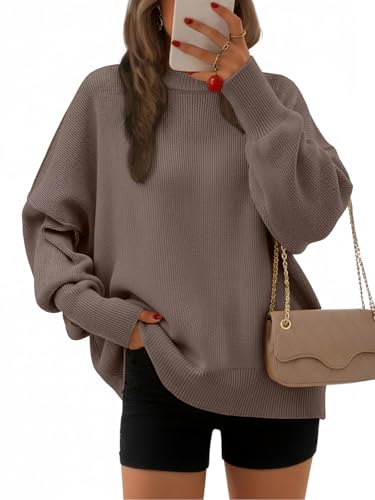 EFAN Women's Oversized Sweaters 2025 Fall Trendy Crewneck Batwing Sleeve Chunky Knit Long Pullover Cute Tunic Tops Dress Winter Clothes Cashmere Fashion Outfits Ladies Clothing Nutmeg S - Image 1