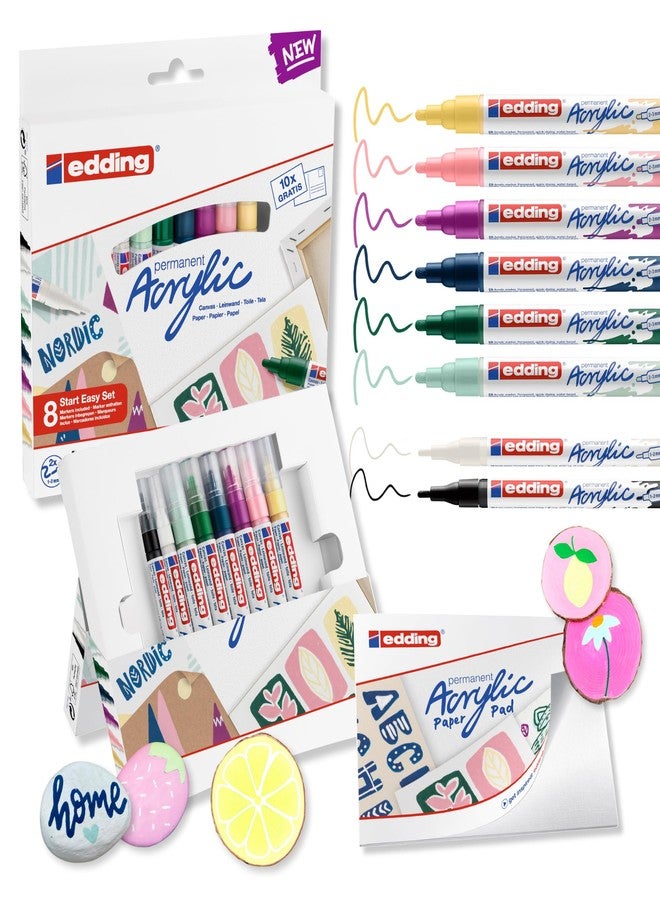 Edding Start Easy Set - Acrylic Paint Pens, Waterproof; Fine and Medium Nib, Incl. Postcard Pad - Set of 8 Pens - Nordic - For Canvas, Wood, Rock Painting - Image 1