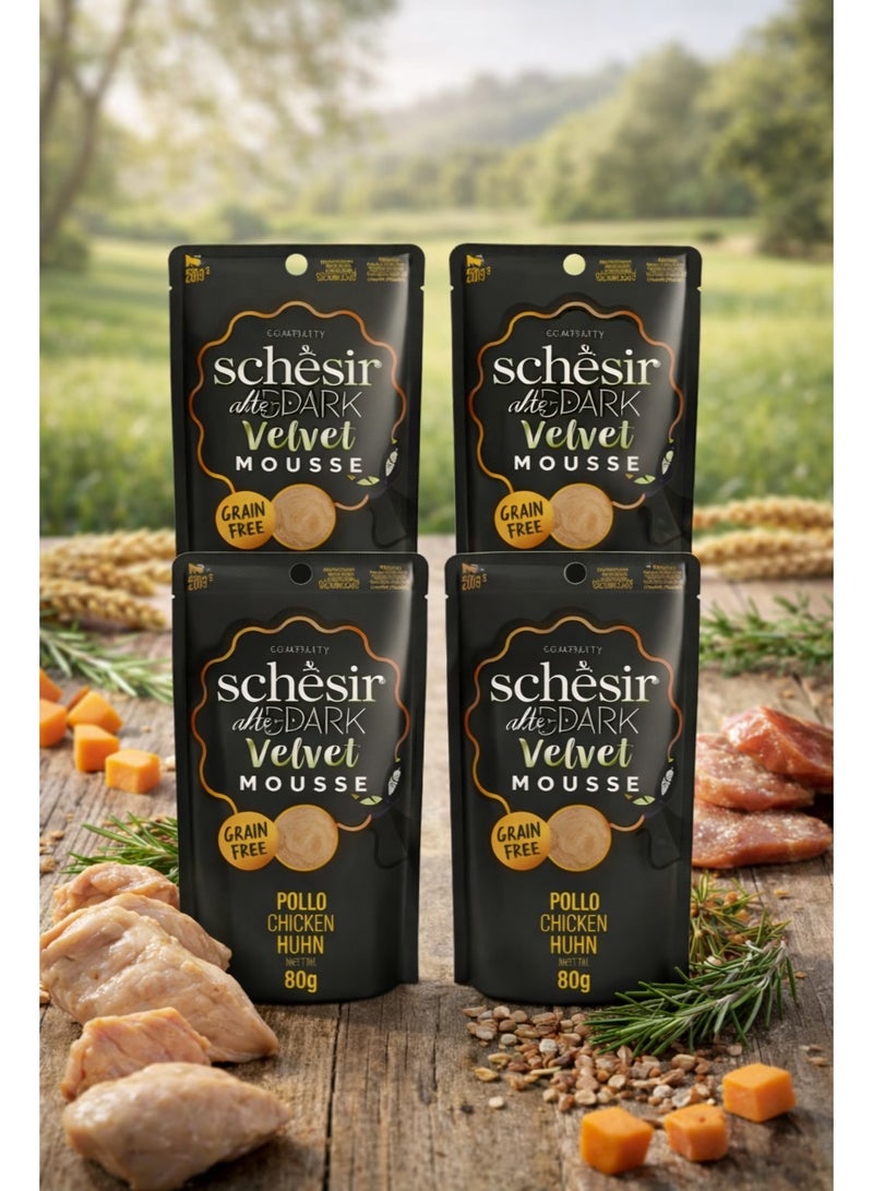 Schesir After Dark Velvet Mousse for Adult Cats – Chicken with Liver, Gizzards & Heart – Grain-Free High-Protein Formula – 320 g (Pack of 4) - Image 1