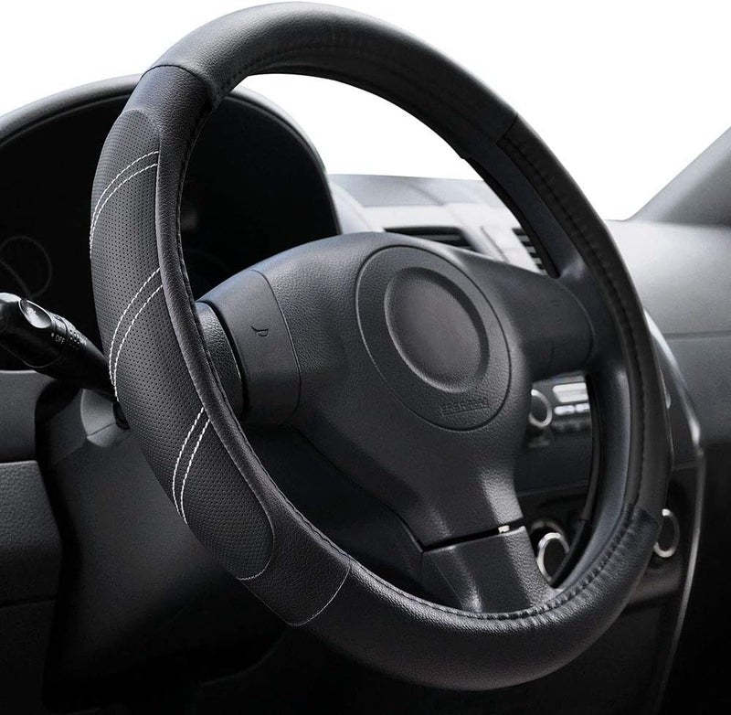 Elantrip Leather Large Steering Wheel Cover 15 1/2 to 16 inch Soft Grip Breathable for Car Truck SUV Jeep Anti Slip Black and  Gray - Image 1