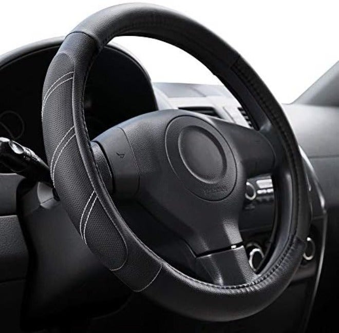 Elantrip Leather Large Steering Wheel Cover 15 1/2 to 16 inch Soft Grip Breathable for Car Truck SUV Jeep Anti Slip Black and  Gray - Image 2