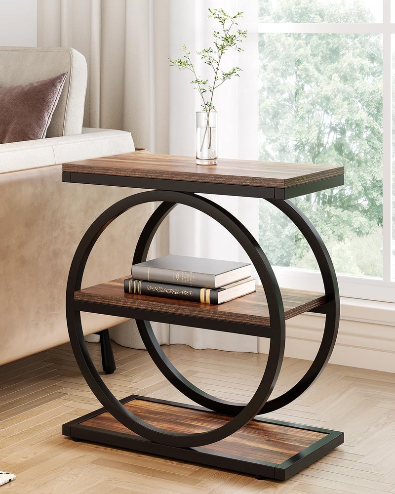 LITTLE TREE End Table, 3-Tier Side Table, Slim Sofa Side Table for Living Room, Tall Bedside Table Nightstand for Bedroom, Rustic Brown and Black - Image 1