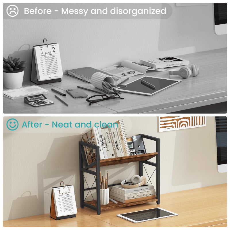 ELITEROO Desktop Bookshelf, 2 Tier Desk Shelf Organizer, Wooden Tabletop Bookcase, Small Desk Top Book Rack for Office, Home, Bedroom, Small Space Storage and Display, Rustic Brown - Image 5