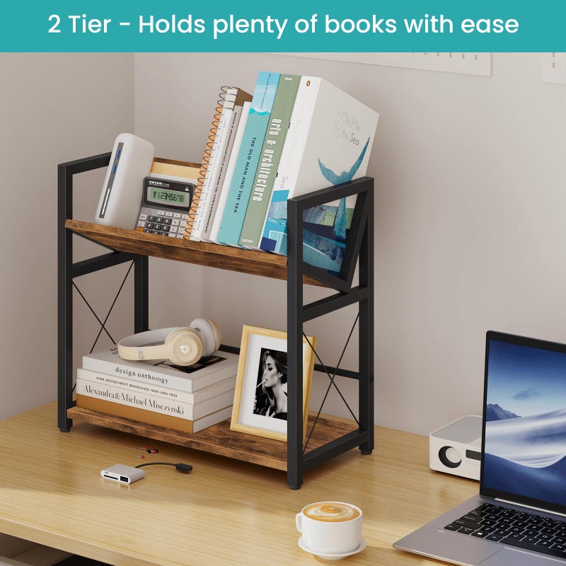 ELITEROO Desktop Bookshelf, 2 Tier Desk Shelf Organizer, Wooden Tabletop Bookcase, Small Desk Top Book Rack for Office, Home, Bedroom, Small Space Storage and Display, Rustic Brown - Image 4