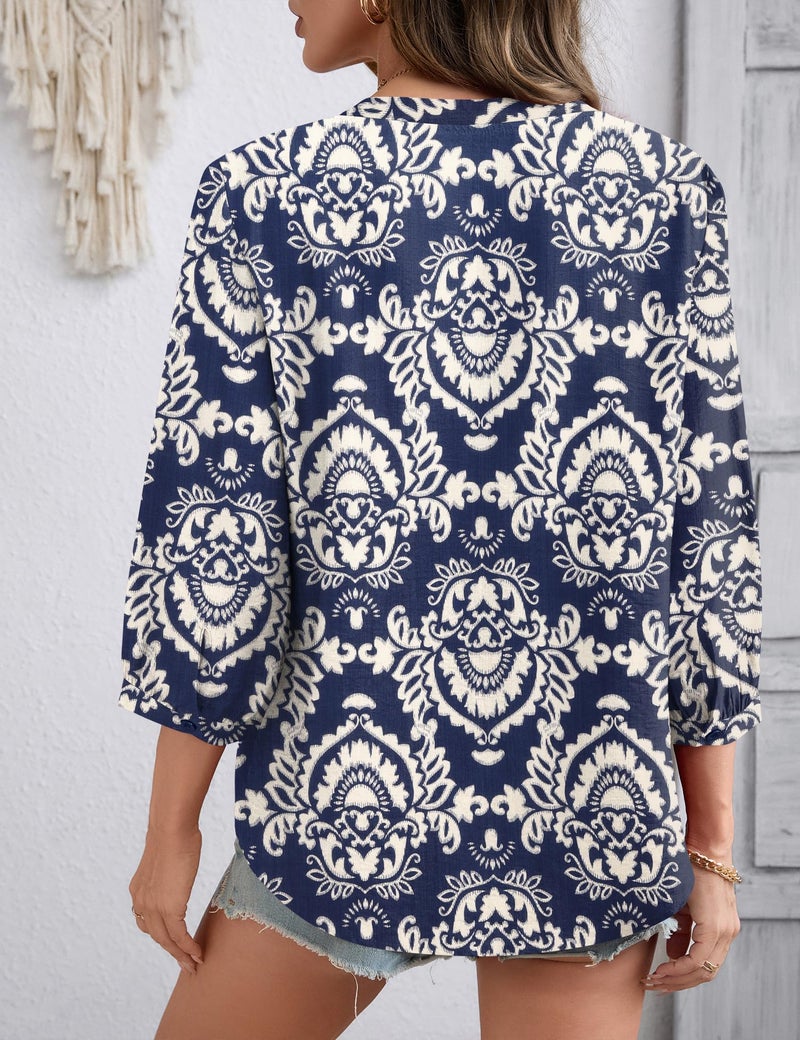 Lomon Womens Boho Tops 3/4 Length Sleeve Office Shirts for Women Dressy Summer Spring Top Loose Fitting Hippie Blouse - Image 5