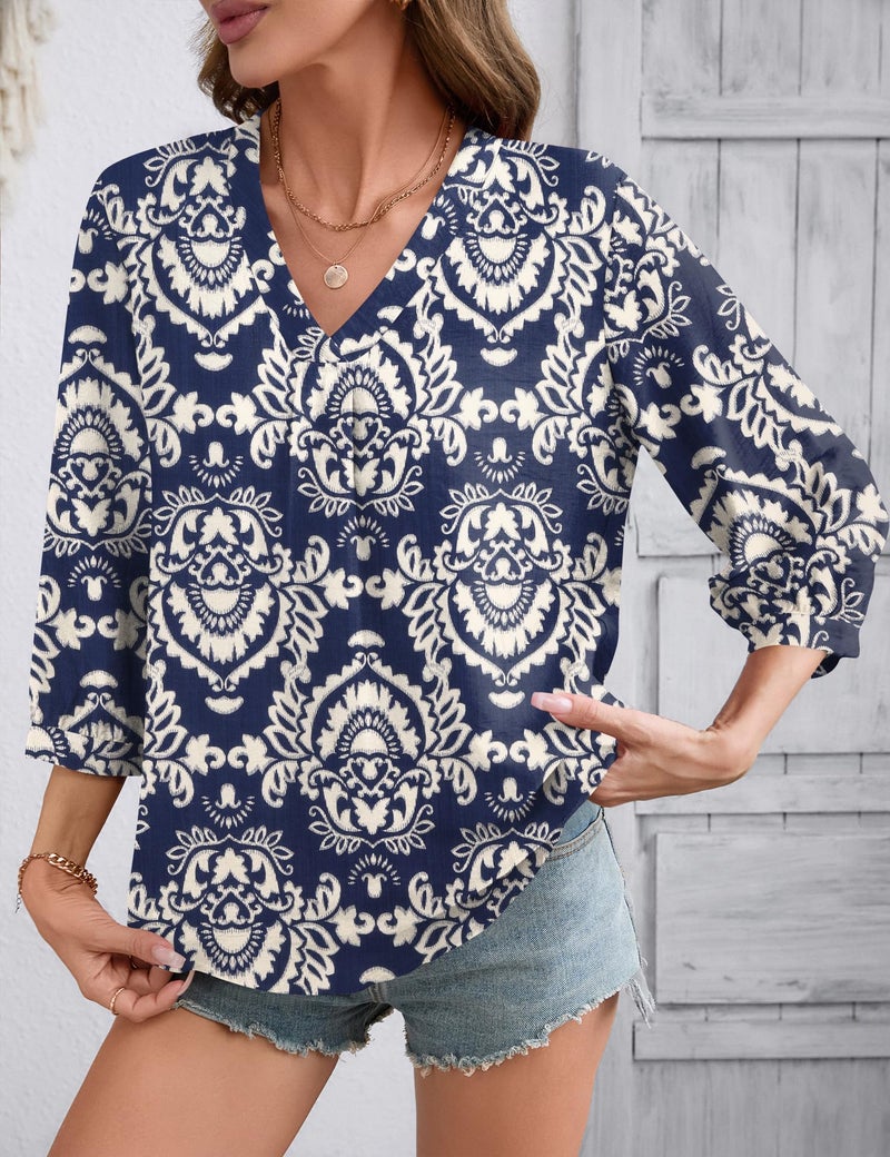 Lomon Womens Boho Tops 3/4 Length Sleeve Office Shirts for Women Dressy Summer Spring Top Loose Fitting Hippie Blouse - Image 3